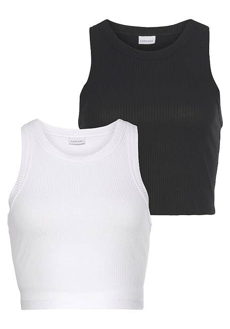LASCANA Women's 2 Pk Crop Tank Tops: Black & White / 12/14
