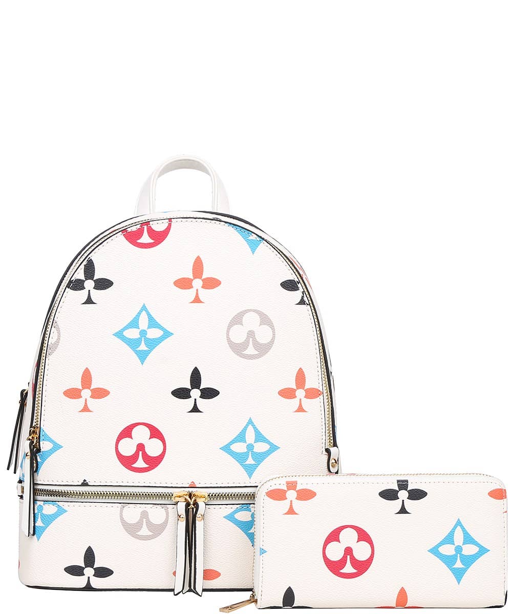 2in1 Print Zipper Backpack With wallet Set DH-7285-W : White