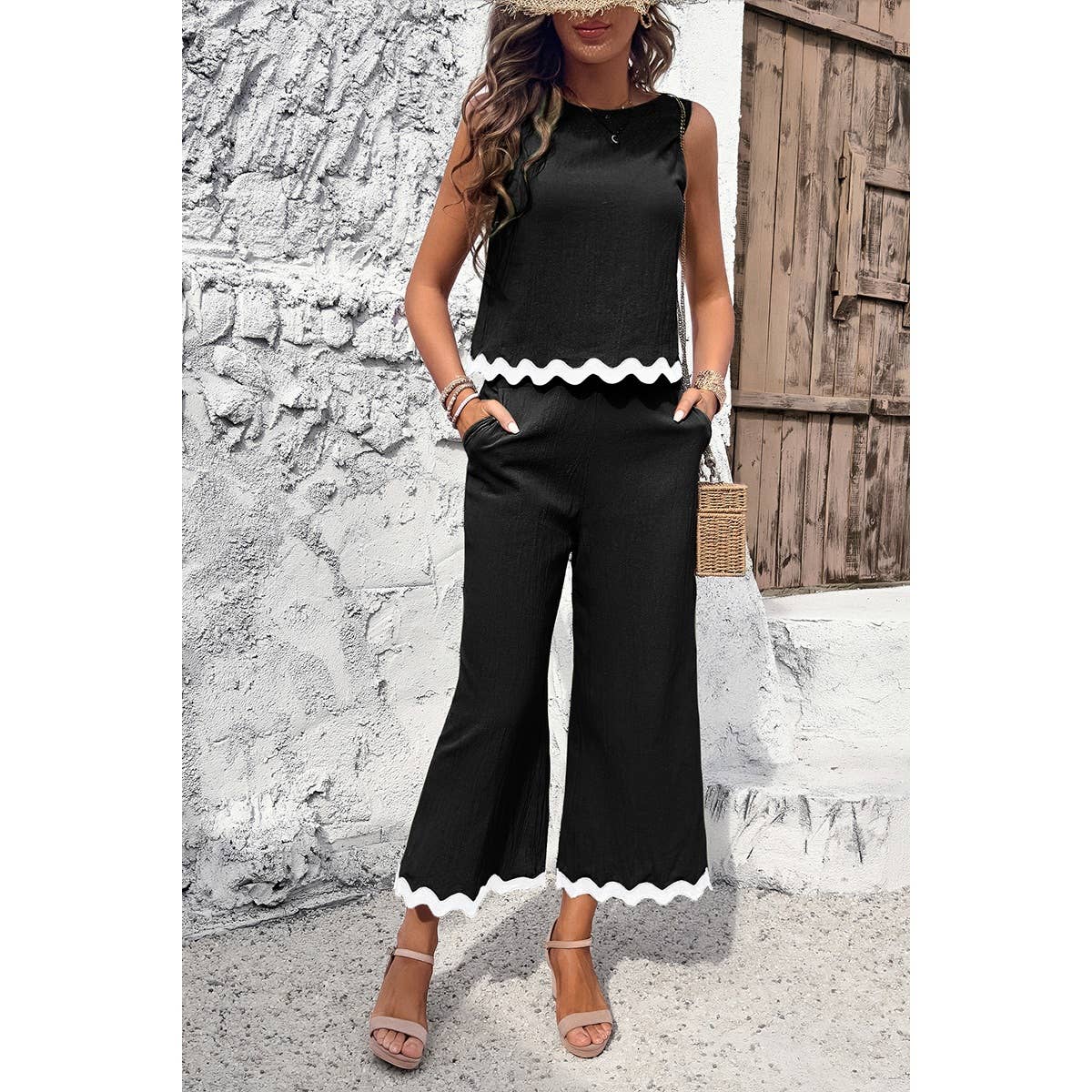 Two Pieces Printed Sleeveless Pockets Sets: BEIGE / L