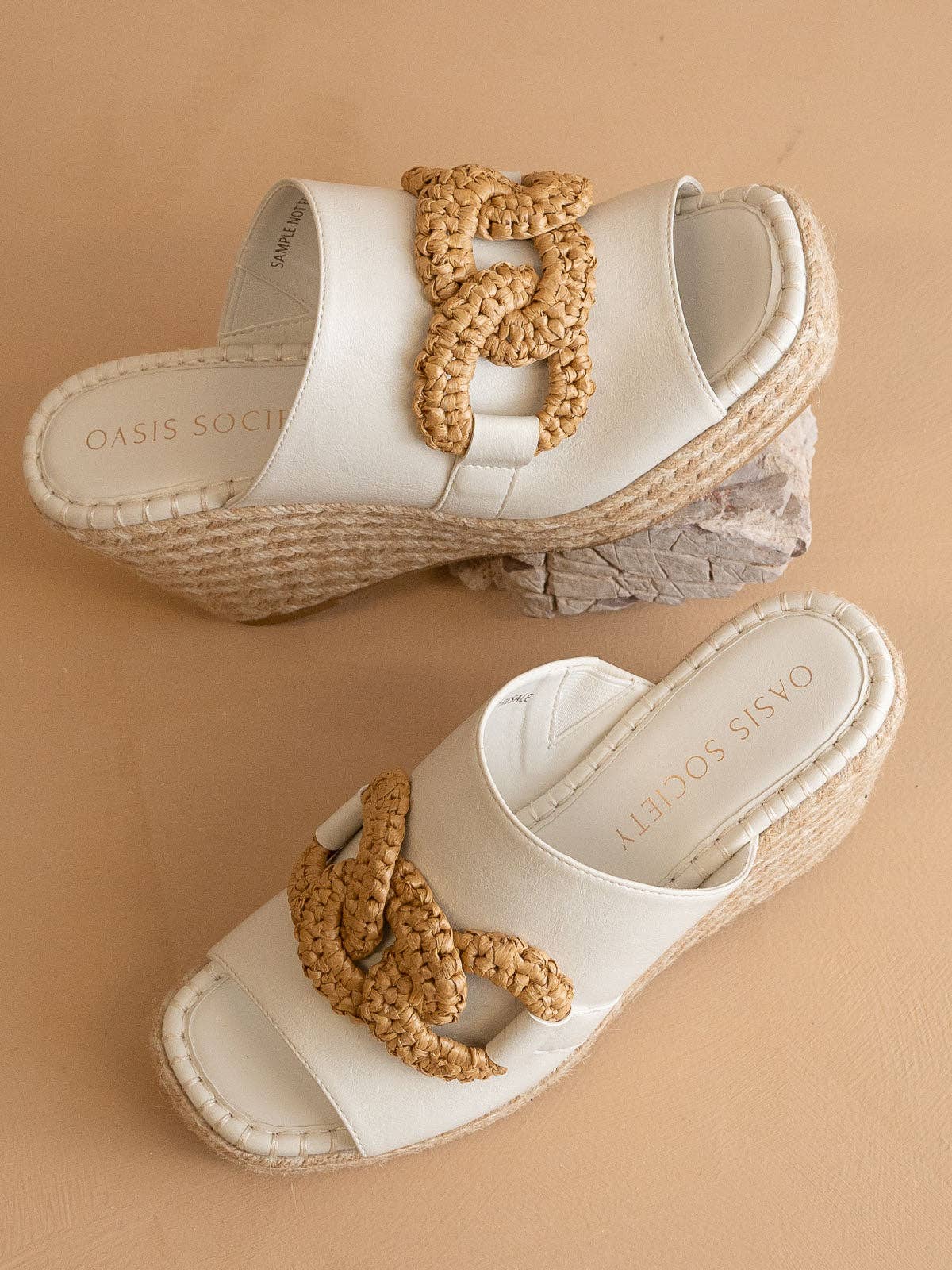 The Aime | White Wedge Slide with Raffia Detail: WHITE / 7.5