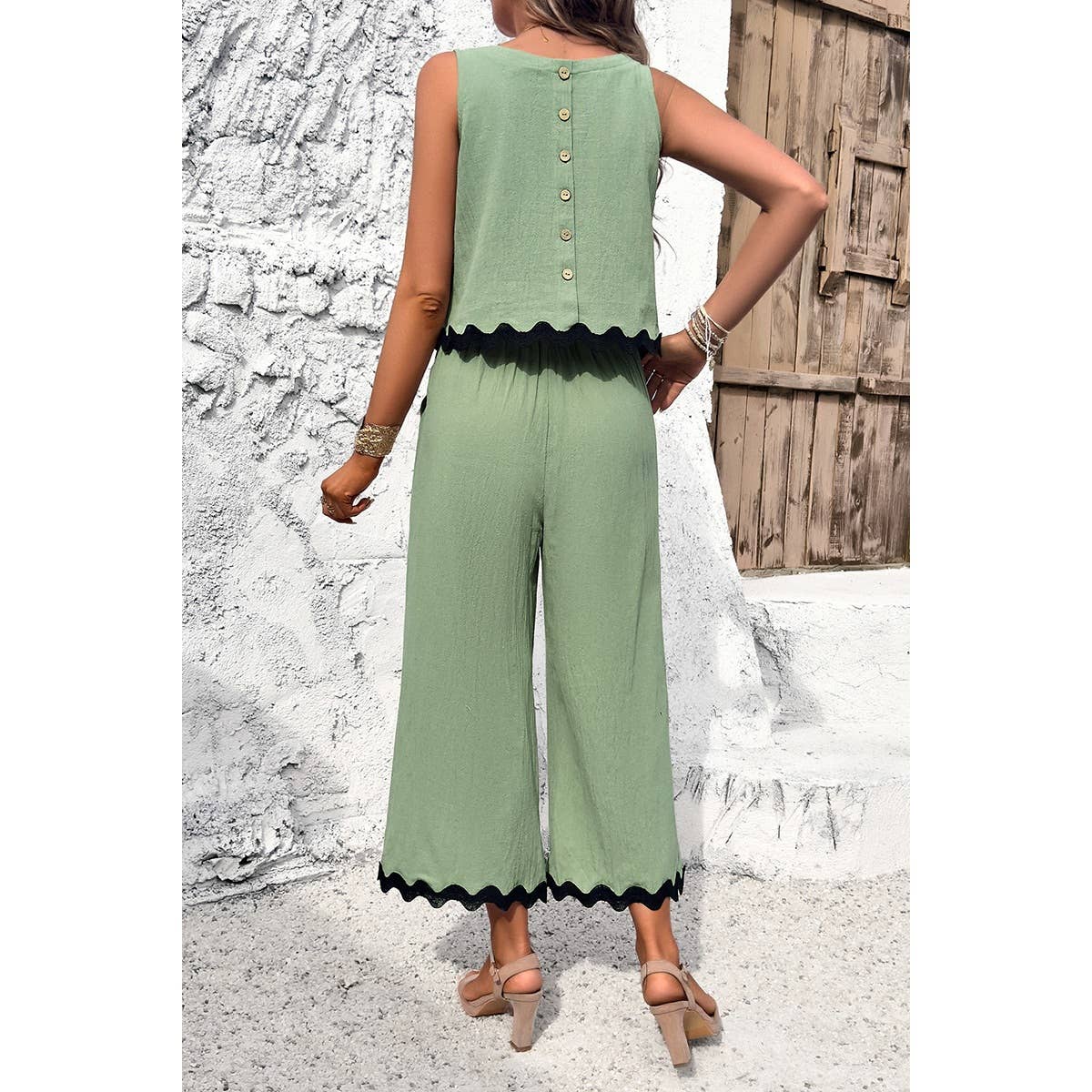 Two Pieces Printed Sleeveless Pockets Sets: BEIGE / M