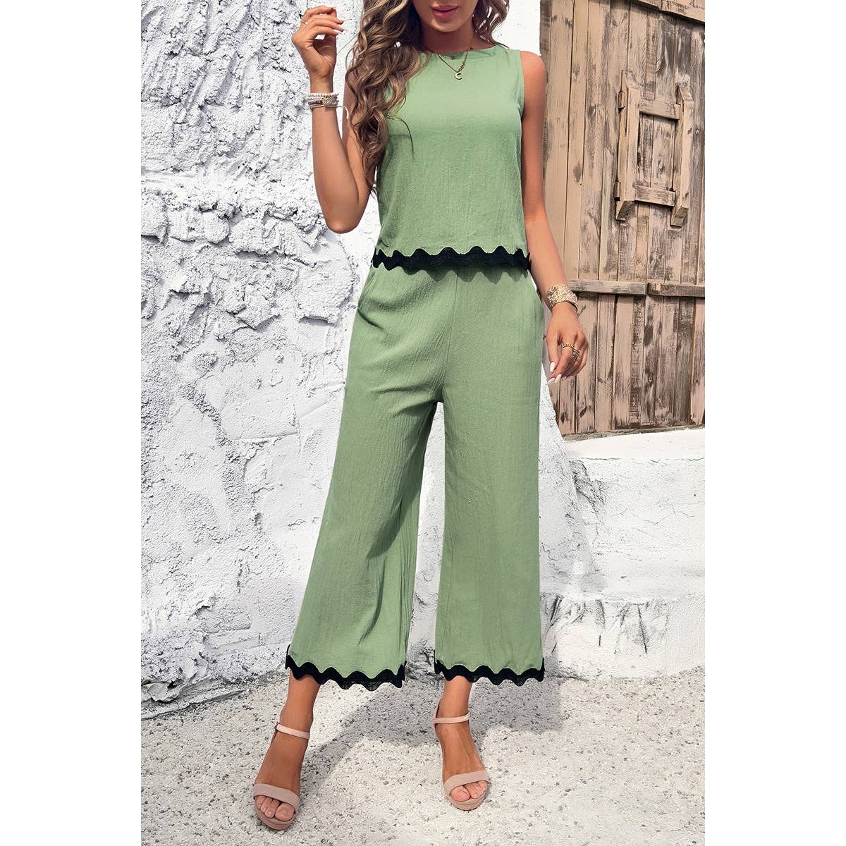Two Pieces Printed Sleeveless Pockets Sets: BEIGE / M
