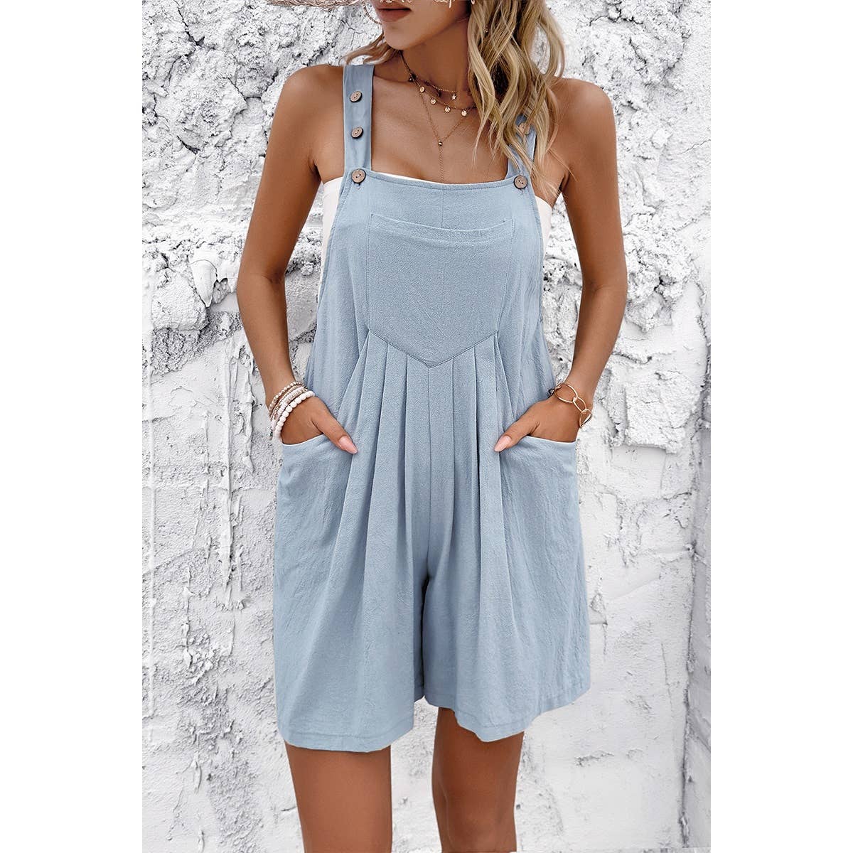 Square Neck Pockets Button Tirm Ruched Romper: BLACK / M