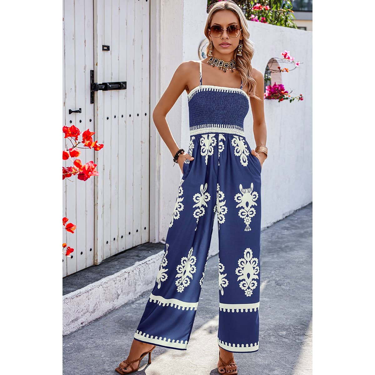 Geo Print Off Shoulder High Waist Fit Jumpsuit: Khaki / L
