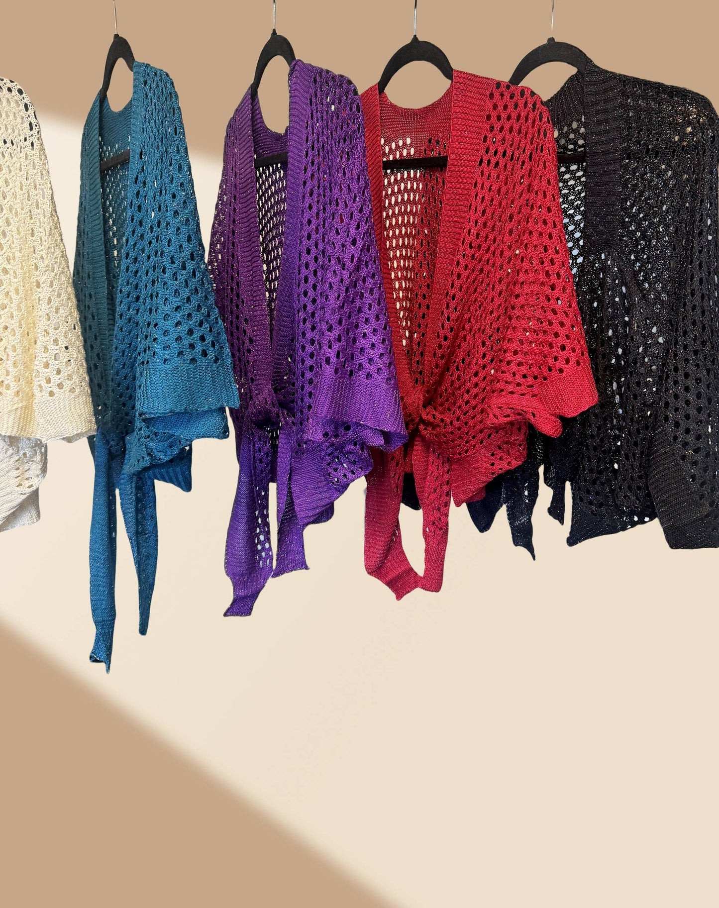 JC063344 Eyelet Open-Knit Metallic Cardigan with Front Tie: Black