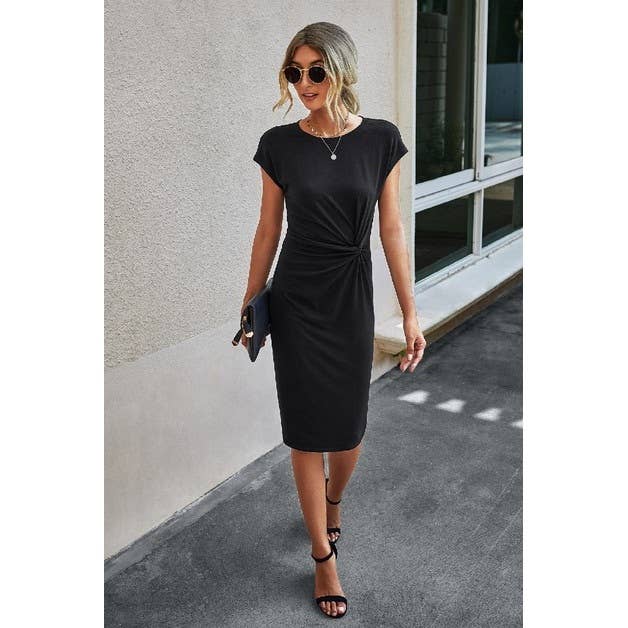 Solid Crewneck Short Sleeve High Waisted Fit Midi Dress: BLACK / L