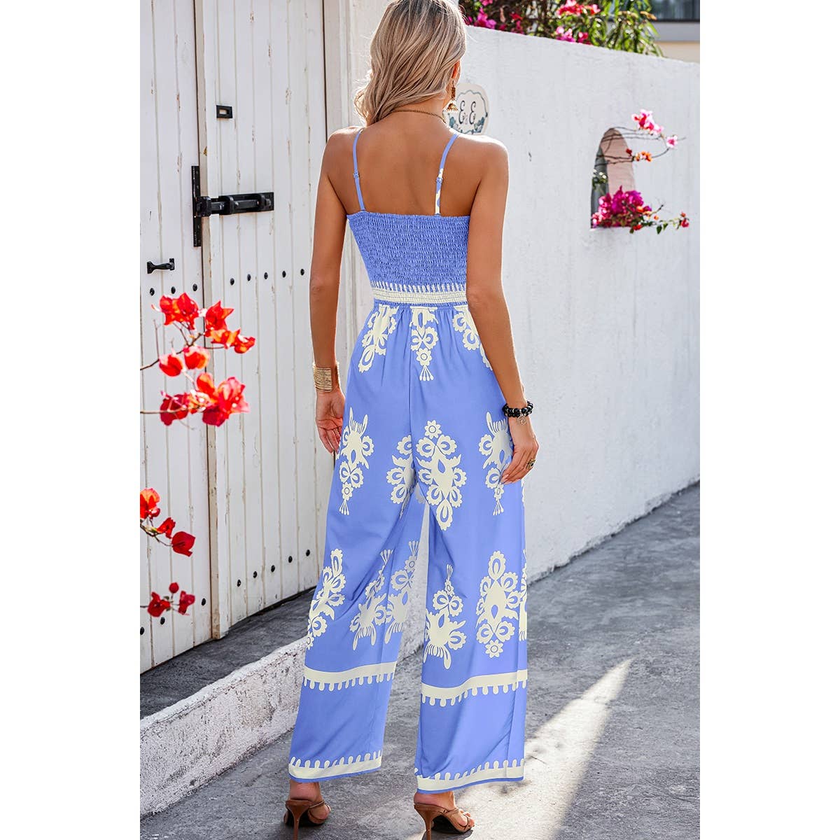 Geo Print Off Shoulder High Waist Fit Jumpsuit: Khaki / L