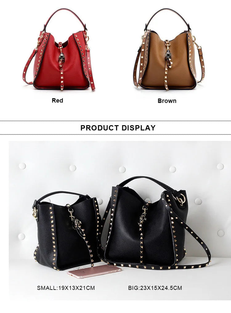 Senior Luxury Women's Single Shoulder Crossbody Bag Leather Lychee Rivet Fashion Senior Leisure Hot Bucket Bag Handbag