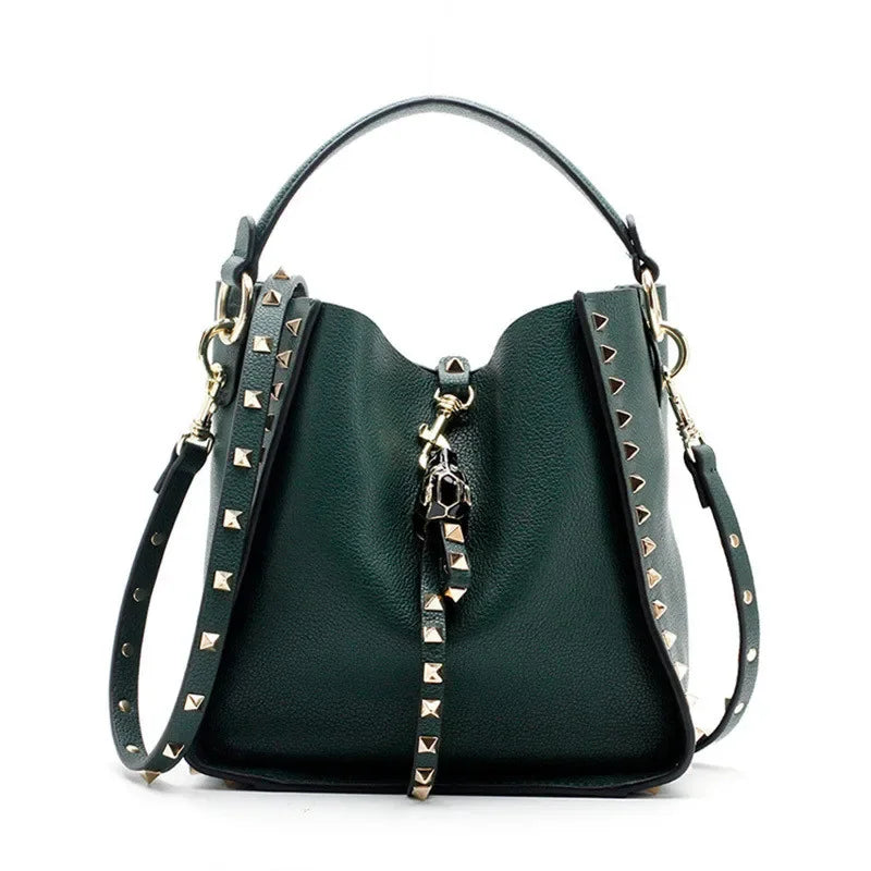 Senior Luxury Women's Single Shoulder Crossbody Bag Leather Lychee Rivet Fashion Senior Leisure Hot Bucket Bag Handbag