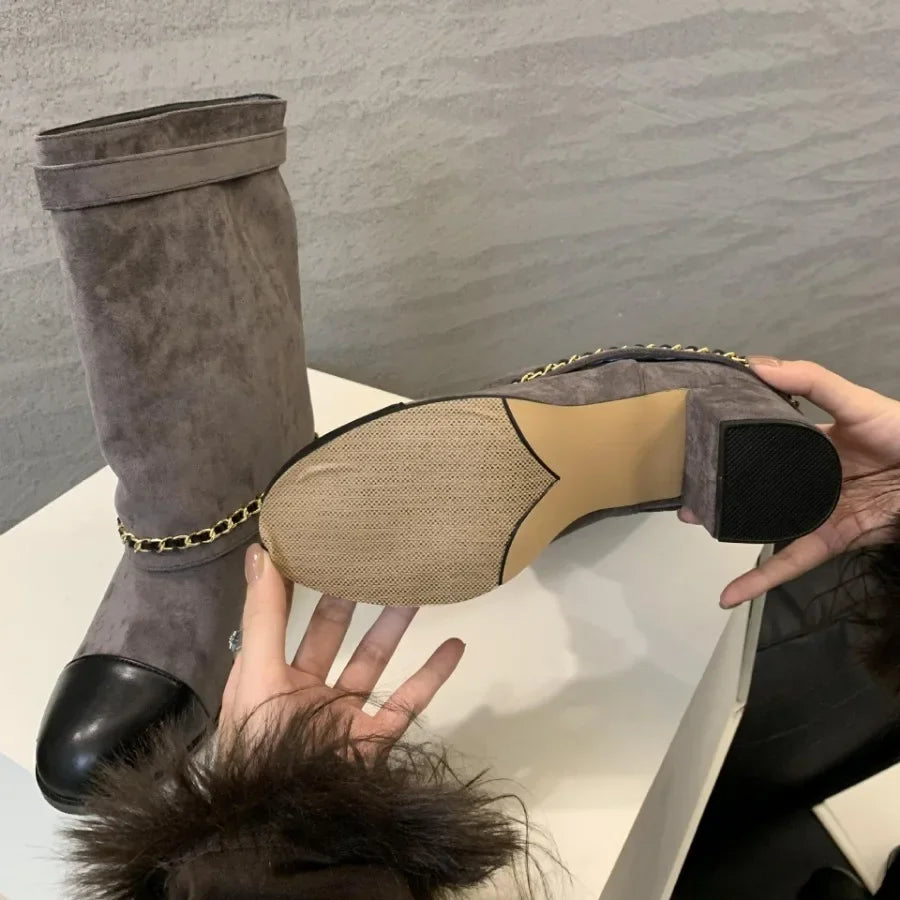 2025 Luxury Metal Chain Decorative Women's Boots Fashion Chunky Heel Suede Mid-calf Boots for Women High Heel Pantyhose Boots