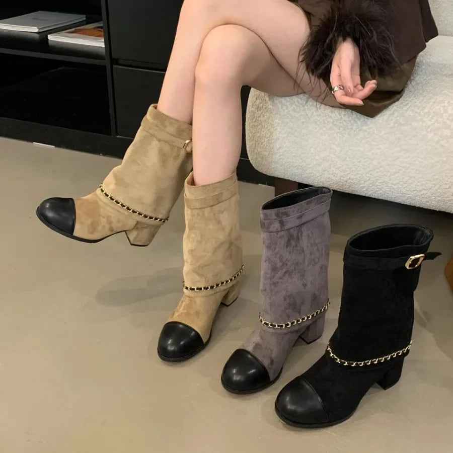 2025 Luxury Metal Chain Decorative Women's Boots Fashion Chunky Heel Suede Mid-calf Boots for Women High Heel Pantyhose Boots