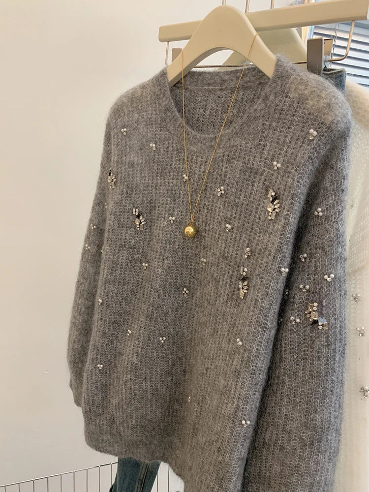 Fashion High Quality Autumn Winter Beading Diamonds Knitting Sweaters Jumper Lazy Women O Neck Long Sleeve Mohair Loose Pullover