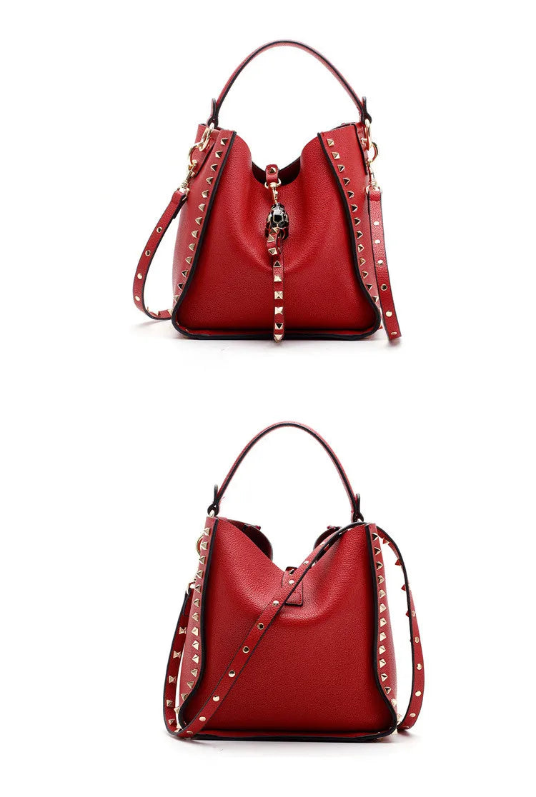 Senior Luxury Women's Single Shoulder Crossbody Bag Leather Lychee Rivet Fashion Senior Leisure Hot Bucket Bag Handbag