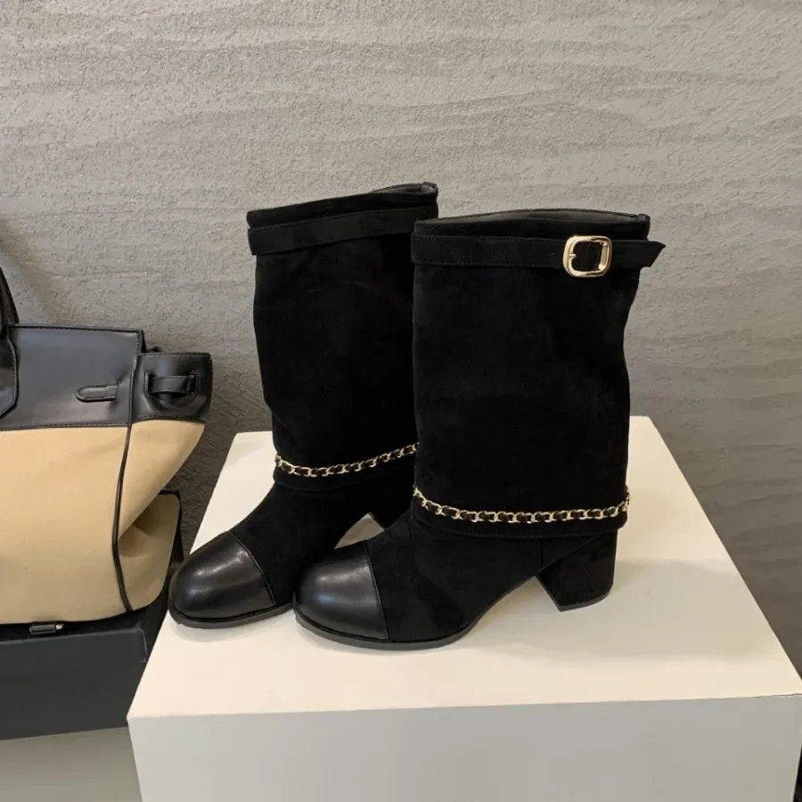 2025 Luxury Metal Chain Decorative Women's Boots Fashion Chunky Heel Suede Mid-calf Boots for Women High Heel Pantyhose Boots