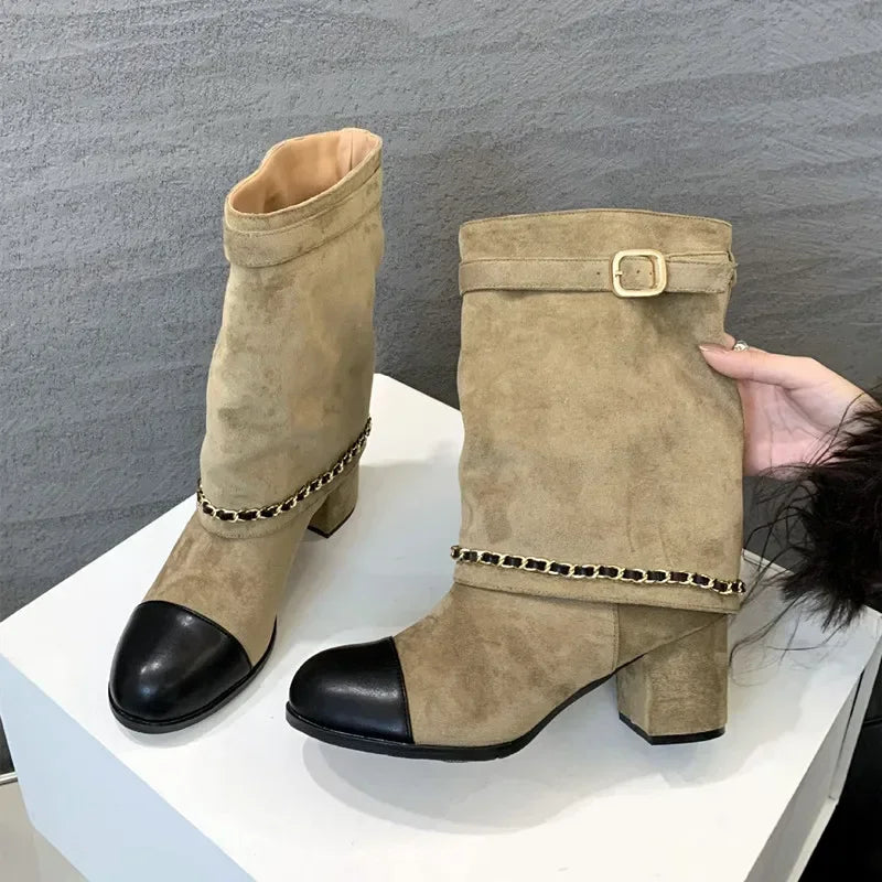 2025 Luxury Metal Chain Decorative Women's Boots Fashion Chunky Heel Suede Mid-calf Boots for Women High Heel Pantyhose Boots