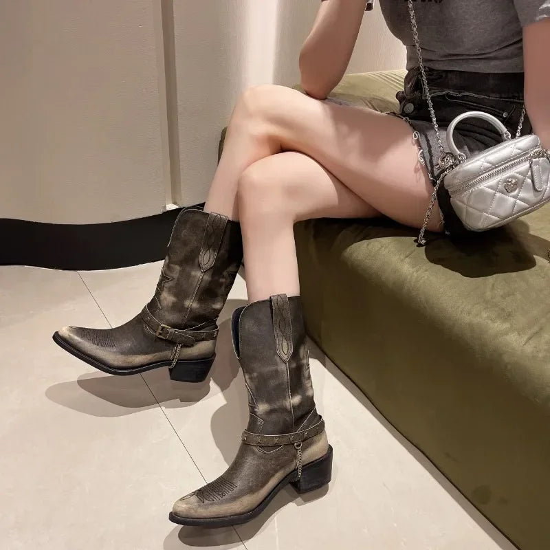 Retro Low-heel Boots Women 2024 New Trendy Warm Motorcycle Boots Mixed Colors Western Cowboy Overshoes Belt Buckle Autumn Winter