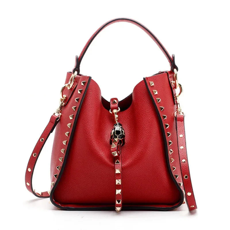 Senior Luxury Women's Single Shoulder Crossbody Bag Leather Lychee Rivet Fashion Senior Leisure Hot Bucket Bag Handbag