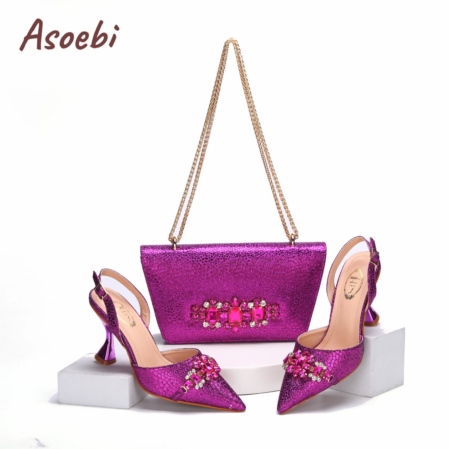Pink Color Sandals for Women 2024 Luxury Wedding Pumps High Heels Rhinestone Design Party Shoes and Bags Set for Wedding Party