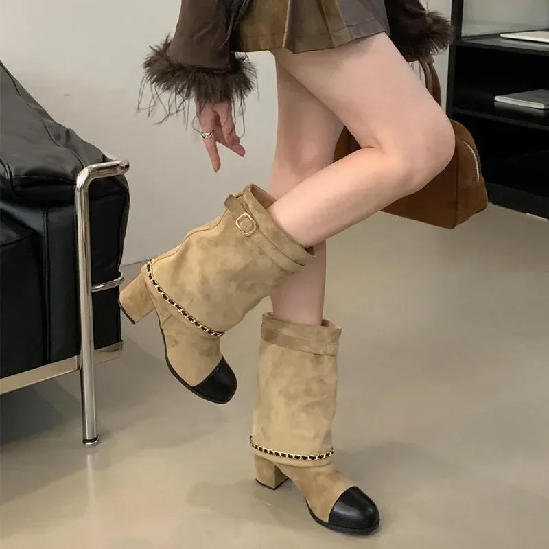 2025 Luxury Metal Chain Decorative Women's Boots Fashion Chunky Heel Suede Mid-calf Boots for Women High Heel Pantyhose Boots