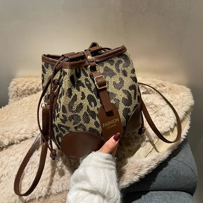 Leopard Small PU Leather Women Bucket Crossbody Bags 2024 Fall Designer Shoulder Bag Luxury Brand Ladies Handbag Lady Trend Tote
