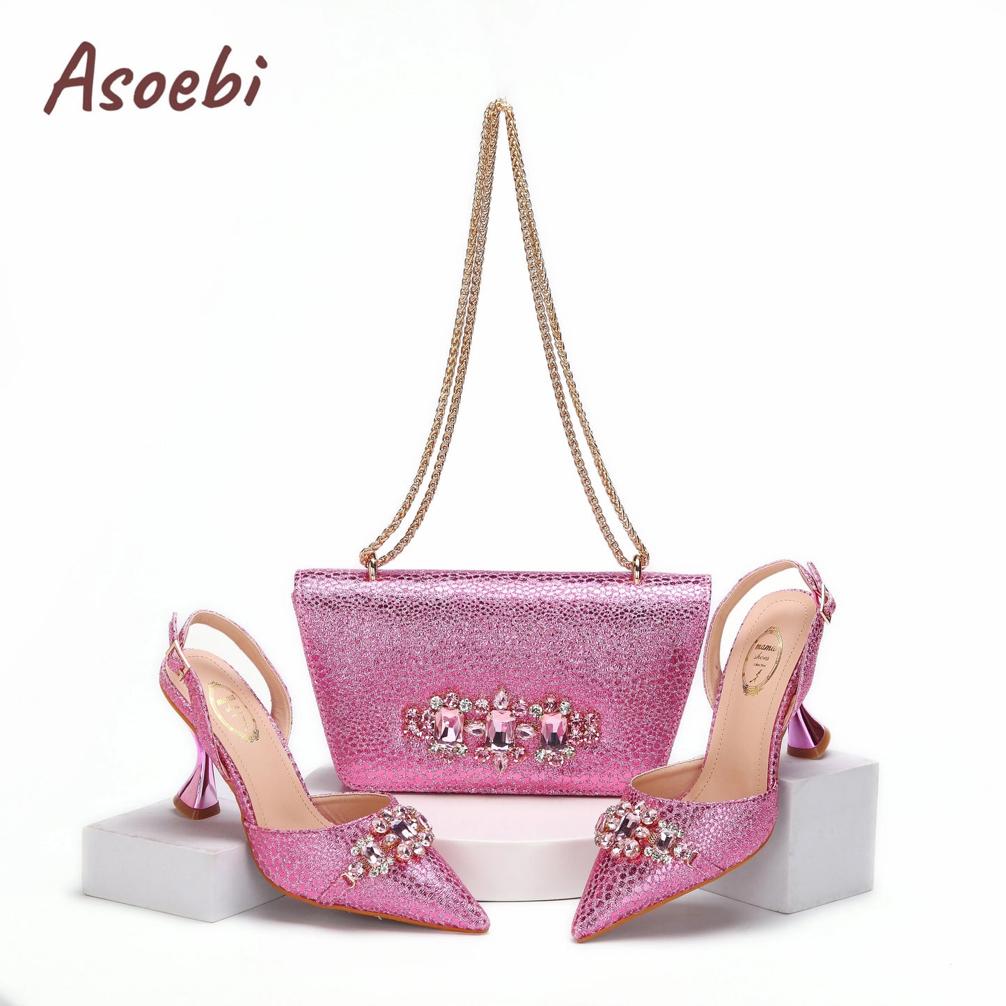 Pink Color Sandals for Women 2024 Luxury Wedding Pumps High Heels Rhinestone Design Party Shoes and Bags Set for Wedding Party