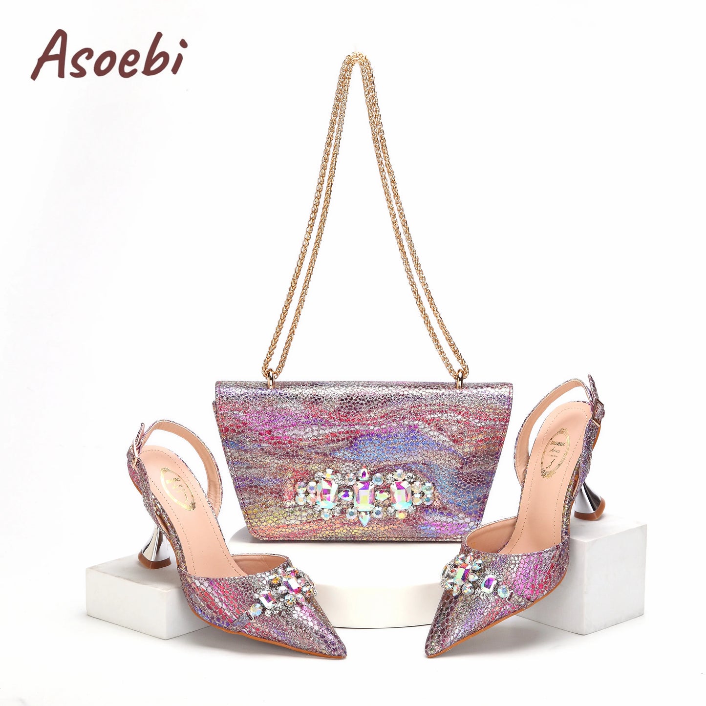 Pink Color Sandals for Women 2024 Luxury Wedding Pumps High Heels Rhinestone Design Party Shoes and Bags Set for Wedding Party
