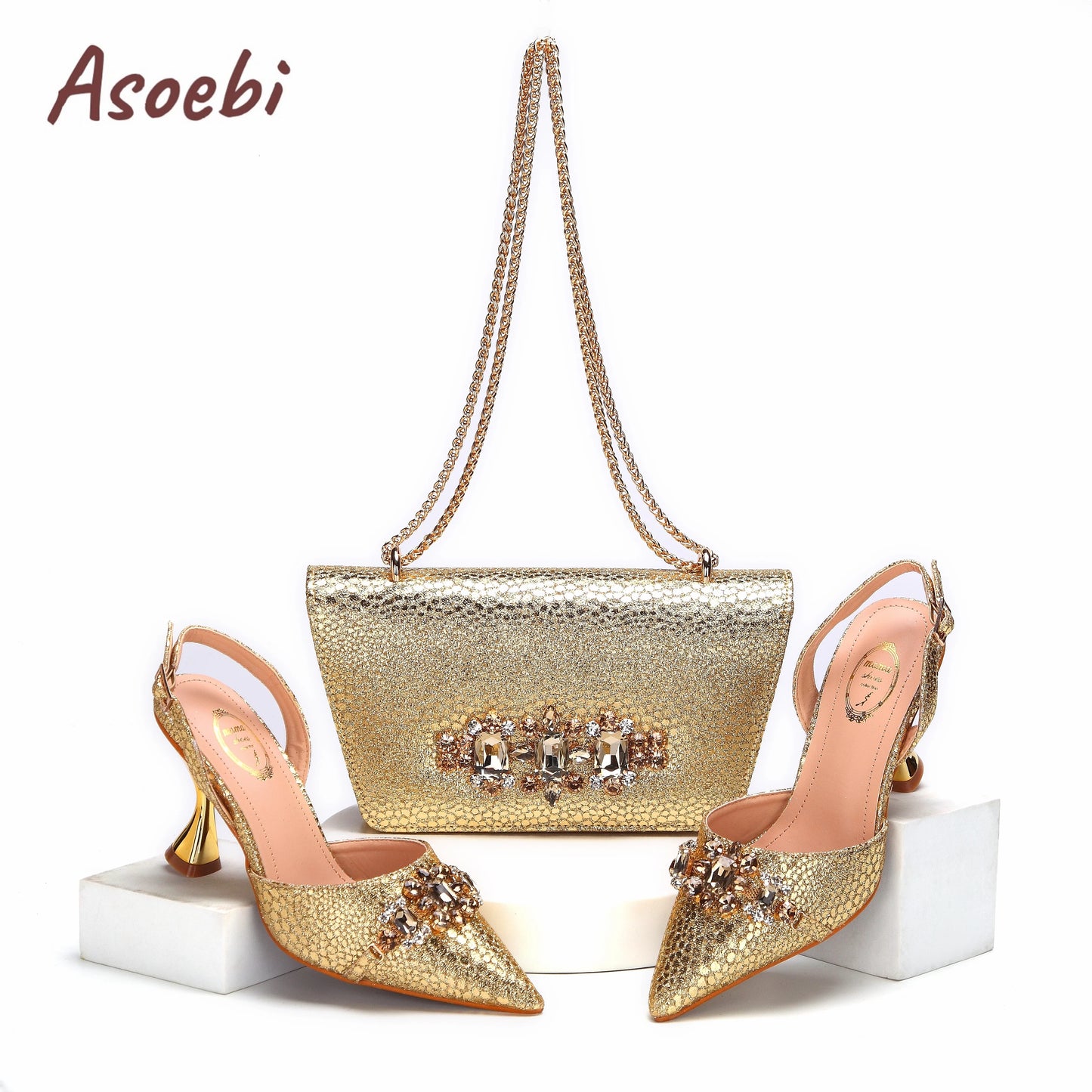 Pink Color Sandals for Women 2024 Luxury Wedding Pumps High Heels Rhinestone Design Party Shoes and Bags Set for Wedding Party