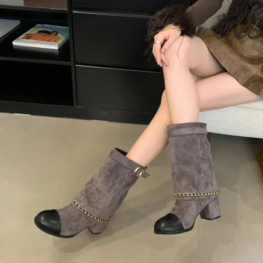 2025 Luxury Metal Chain Decorative Women's Boots Fashion Chunky Heel Suede Mid-calf Boots for Women High Heel Pantyhose Boots