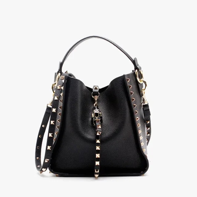Senior Luxury Women's Single Shoulder Crossbody Bag Leather Lychee Rivet Fashion Senior Leisure Hot Bucket Bag Handbag