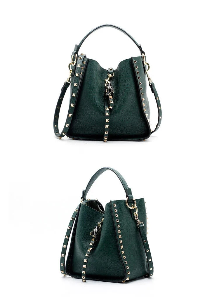 Senior Luxury Women's Single Shoulder Crossbody Bag Leather Lychee Rivet Fashion Senior Leisure Hot Bucket Bag Handbag