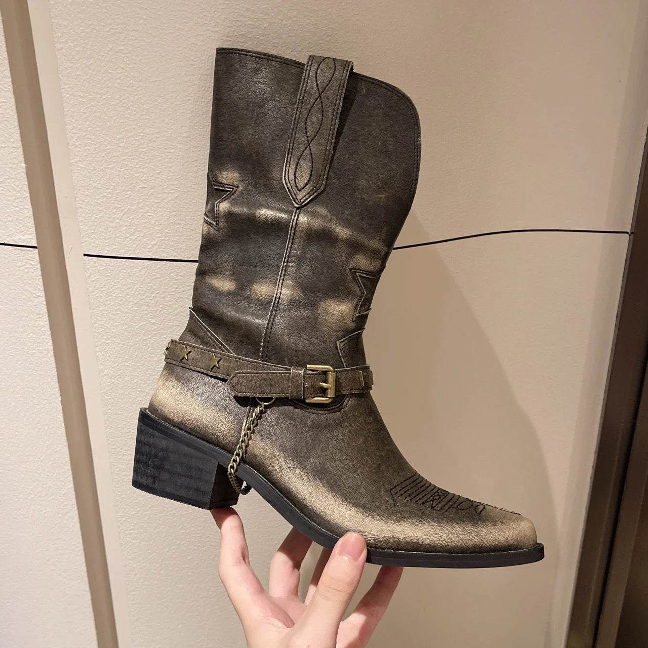Retro Low-heel Boots Women 2024 New Trendy Warm Motorcycle Boots Mixed Colors Western Cowboy Overshoes Belt Buckle Autumn Winter