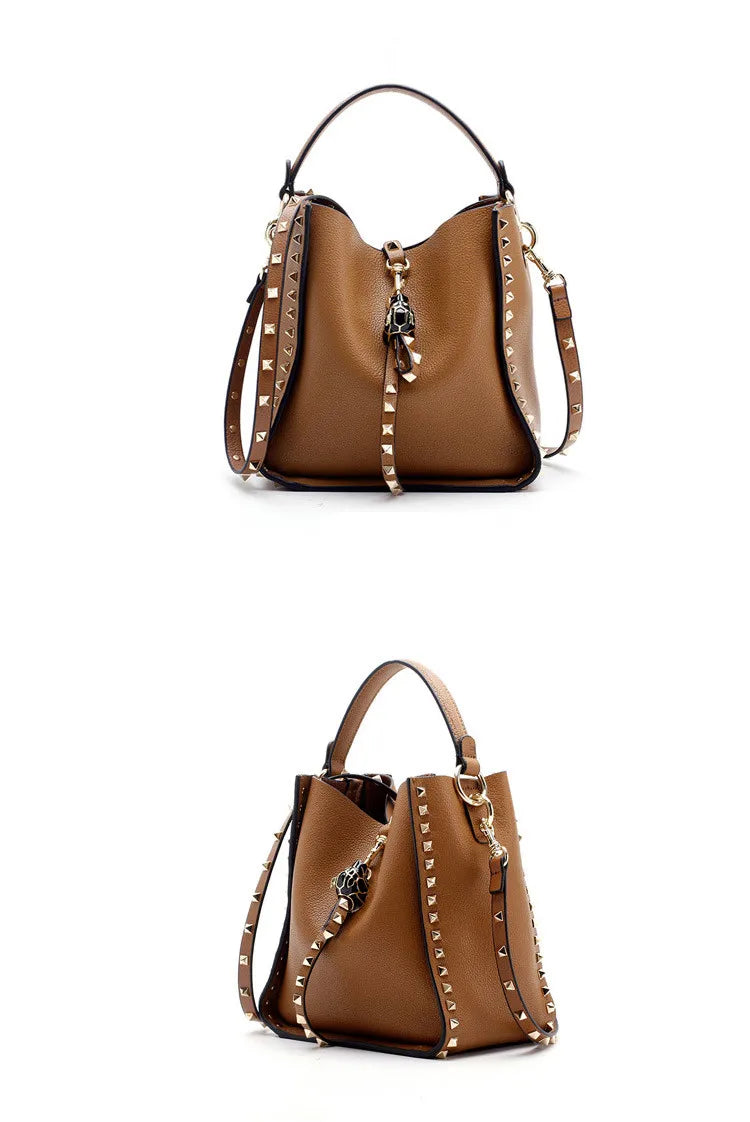 Senior Luxury Women's Single Shoulder Crossbody Bag Leather Lychee Rivet Fashion Senior Leisure Hot Bucket Bag Handbag