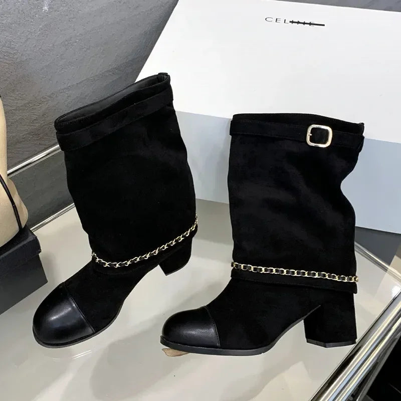 2025 Luxury Metal Chain Decorative Women's Boots Fashion Chunky Heel Suede Mid-calf Boots for Women High Heel Pantyhose Boots