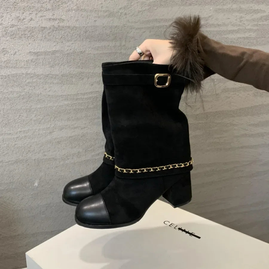 2025 Luxury Metal Chain Decorative Women's Boots Fashion Chunky Heel Suede Mid-calf Boots for Women High Heel Pantyhose Boots
