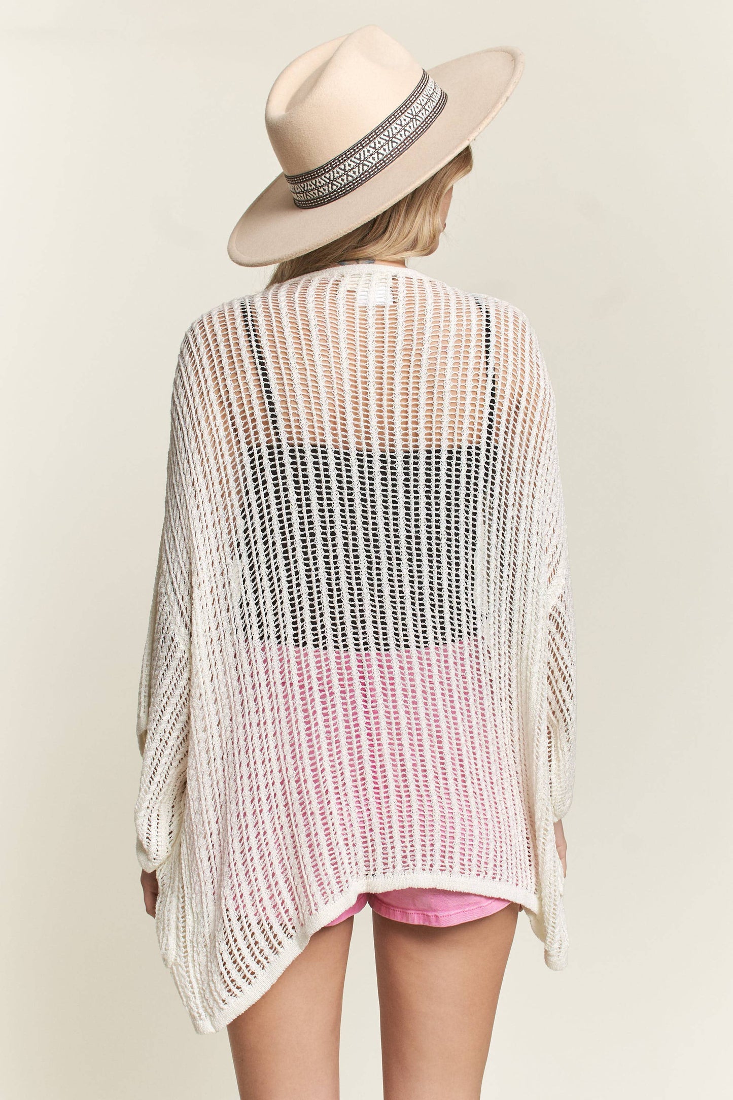 LEJ2144 - FISHNET KNIT SHORT SLEEVE CARDIGAN: Natural / M