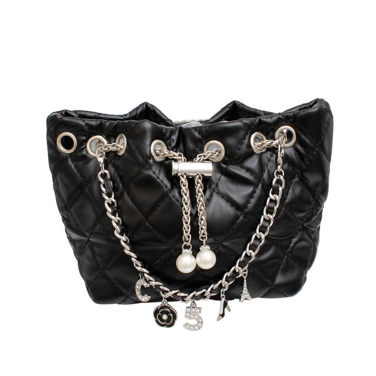 Mini Bucket Black Quilted Silver Camellia Luxe Bag: Black / Rhodium / 9 x 4 x 5.5 inches