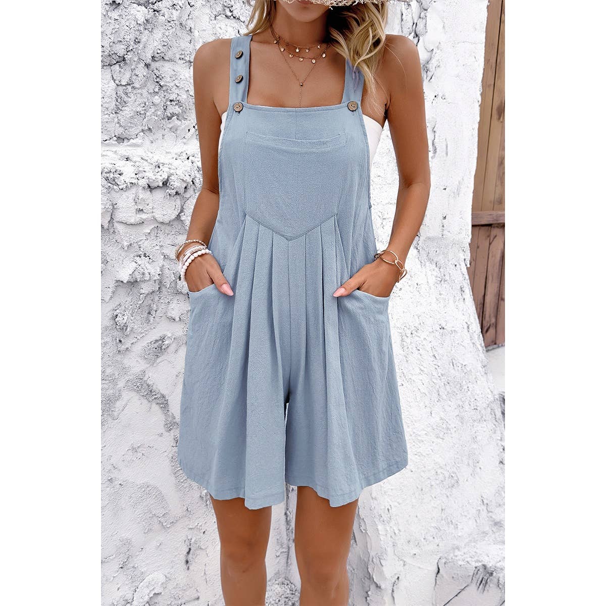 Square Neck Pockets Button Tirm Ruched Romper: BLACK / M