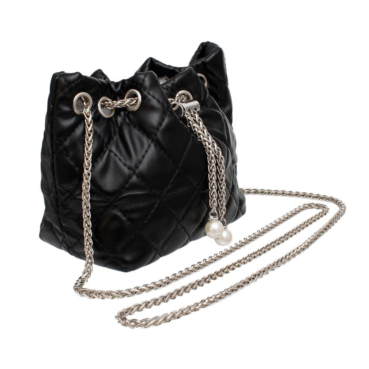 Mini Bucket Black Quilted Silver Camellia Luxe Bag: Black / Rhodium / 9 x 4 x 5.5 inches