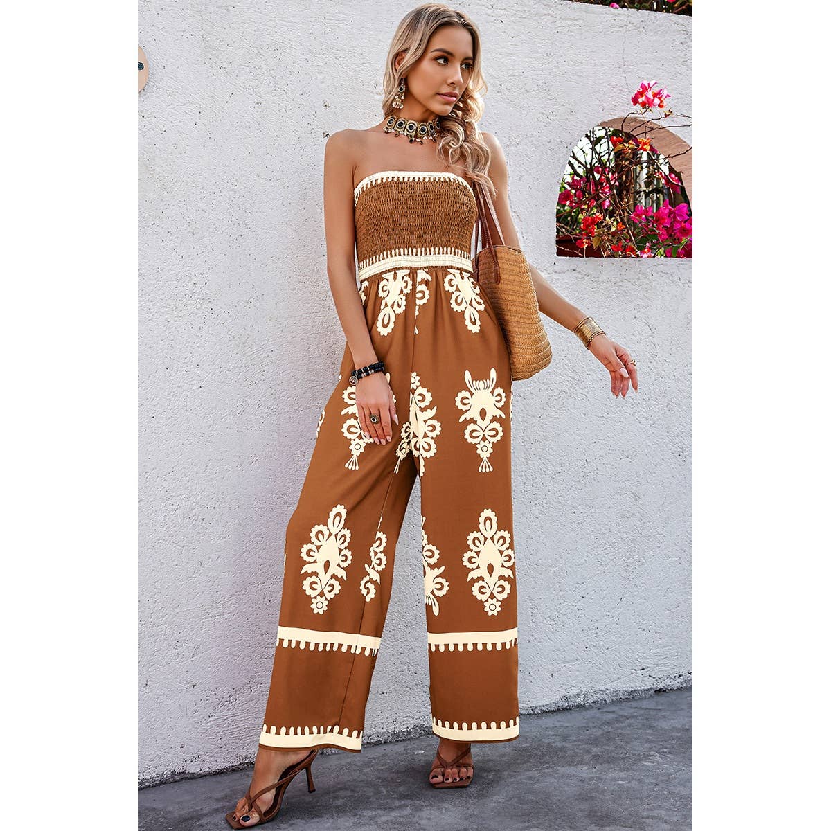 Geo Print Off Shoulder High Waist Fit Jumpsuit: Khaki / XL