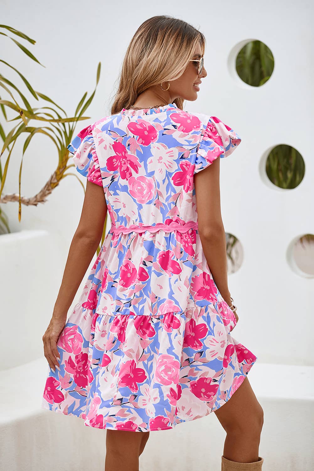 LDC Floral V Notched Ric Rac Flutter Sleeve Dress: Pink / L