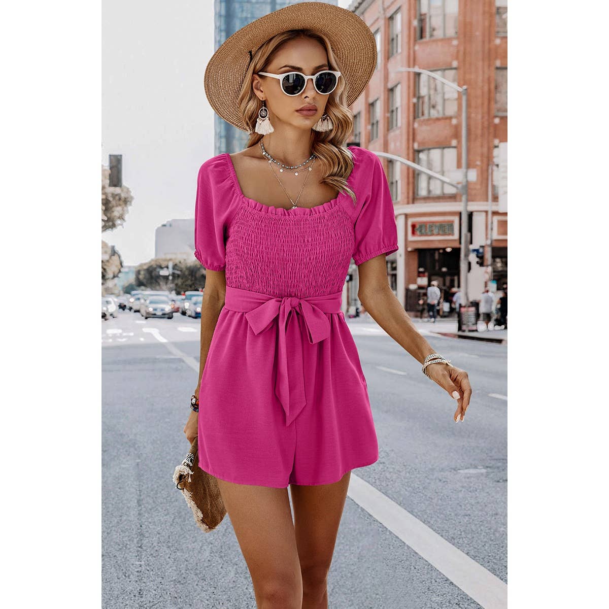 Solid Smocked Square Neck Waist Tie Romper: GREY BLUE / M