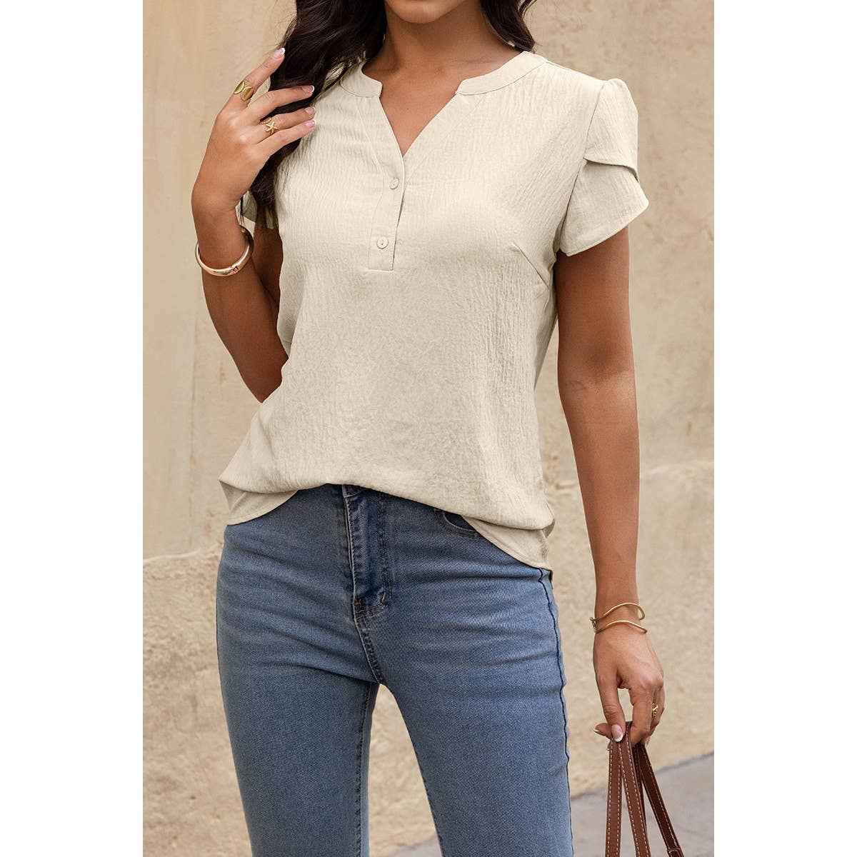 V Neck Puff Notched Short Sleeve Button Down Shirt: BEIGE / L