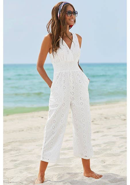 LASCANA Women's Sleeveless Eyelet Jumpsuit: White / 8
