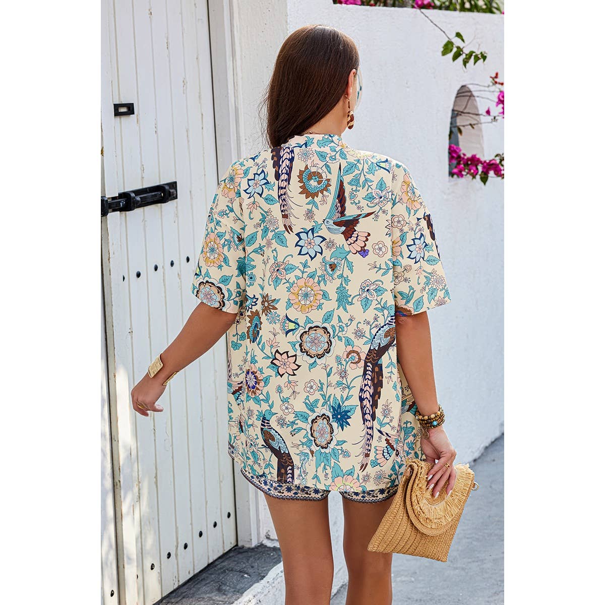 Two Pieces Floral Print Boheme Pocket Elastic Sets: BEIGE GREEN / S