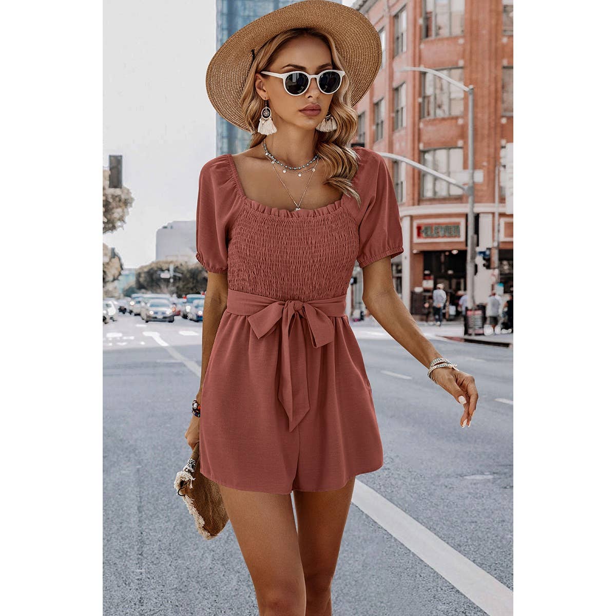 Solid Smocked Square Neck Waist Tie Romper: GREY BLUE / M