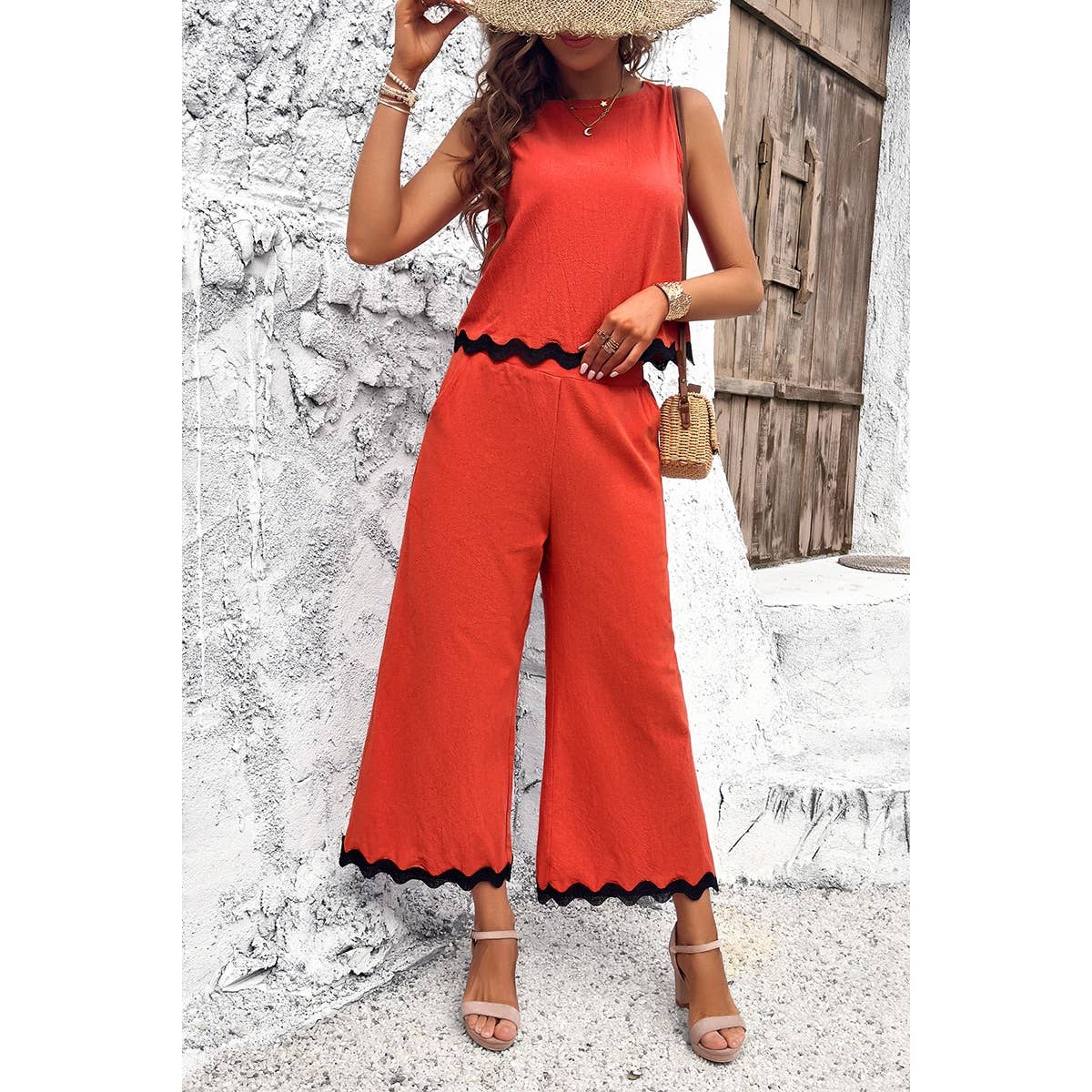 Two Pieces Printed Sleeveless Pockets Sets: BEIGE / M
