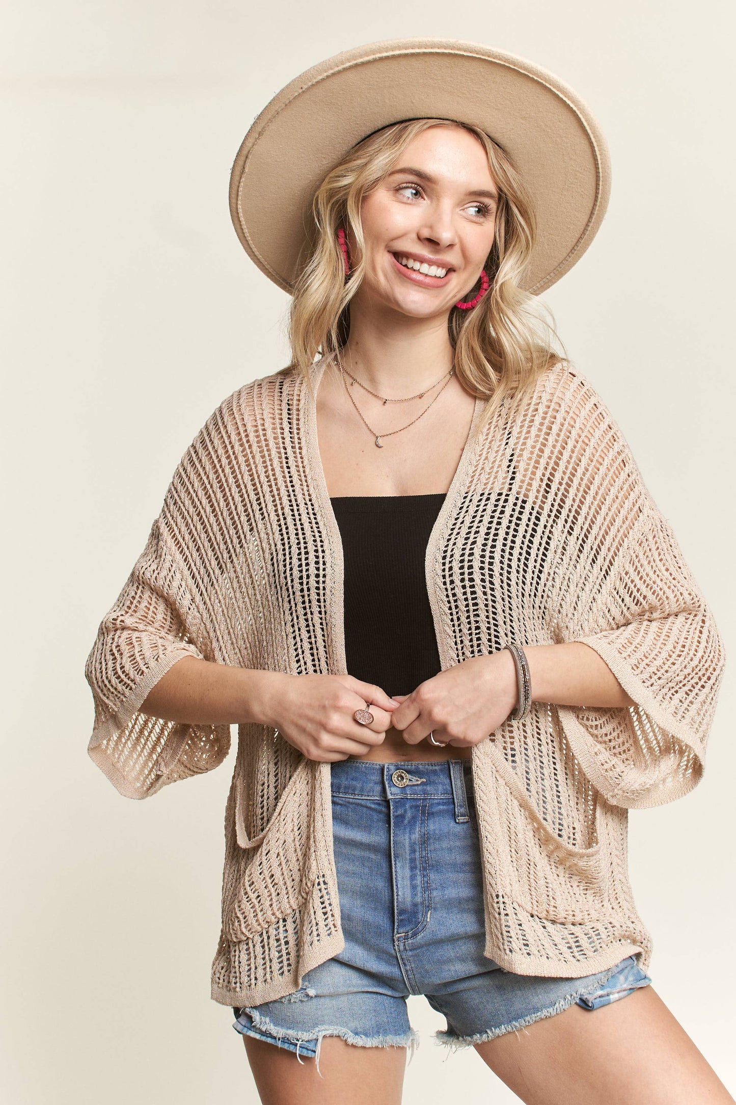 LEJ2144 - FISHNET KNIT SHORT SLEEVE CARDIGAN: Natural / L