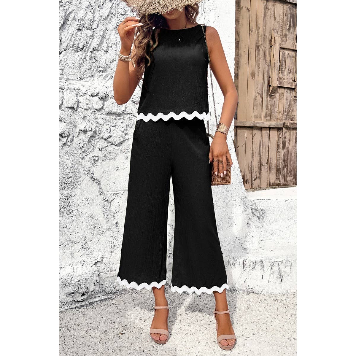 Two Pieces Printed Sleeveless Pockets Sets: BEIGE / M