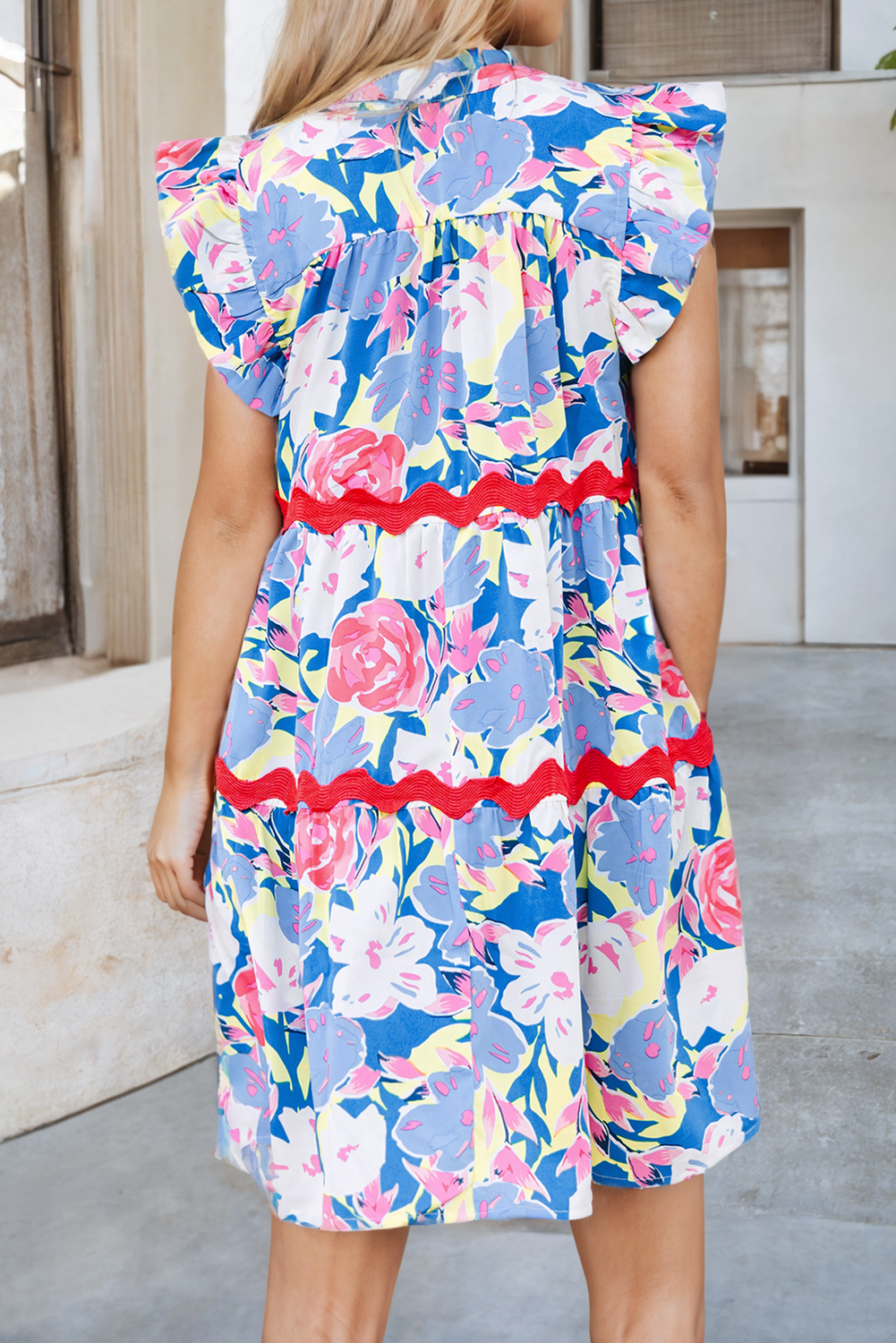 LDC Floral V Notched Ric Rac Flutter Sleeve Dress: Pink / XL