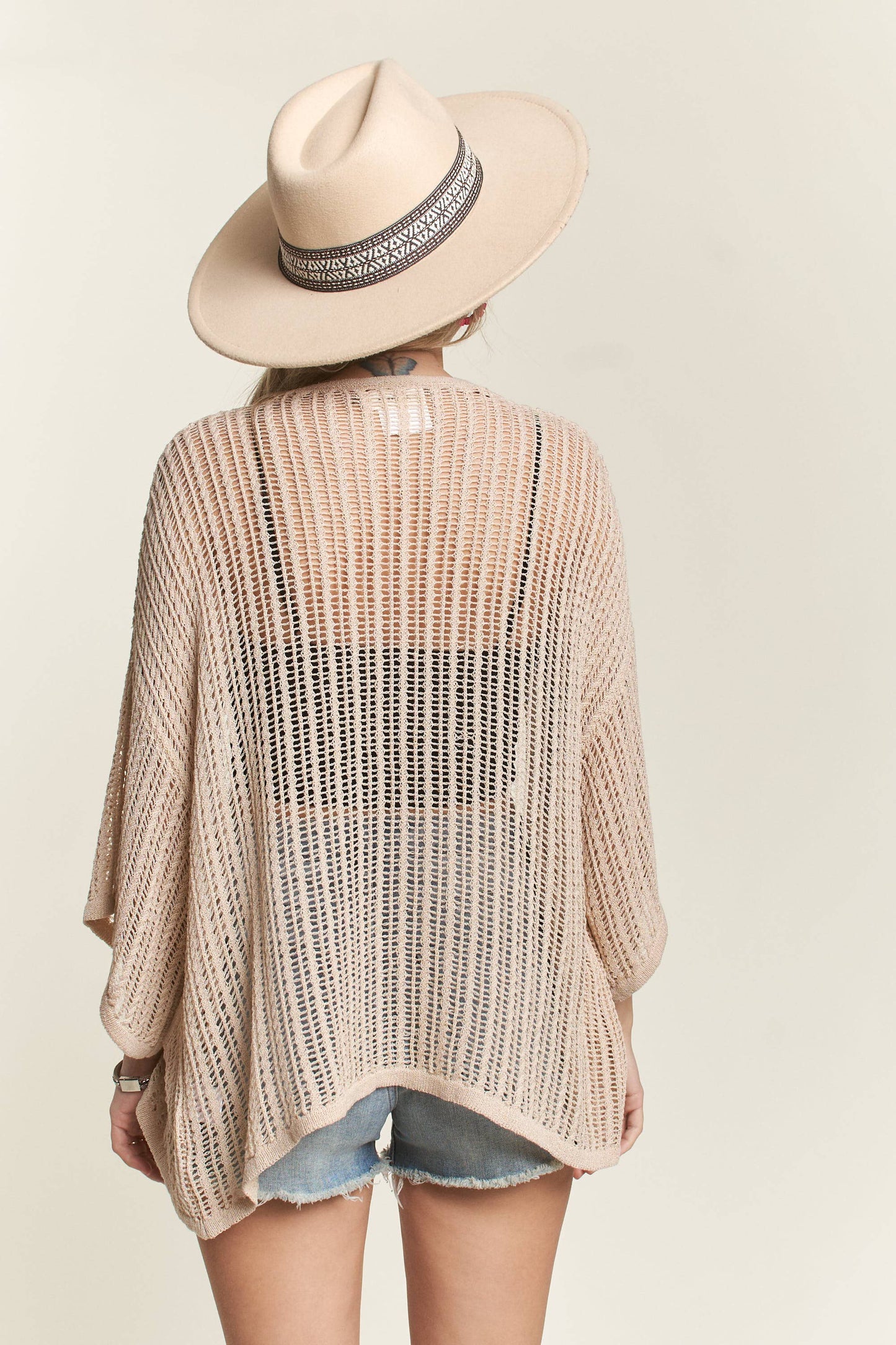 LEJ2144 - FISHNET KNIT SHORT SLEEVE CARDIGAN: BLACK / M